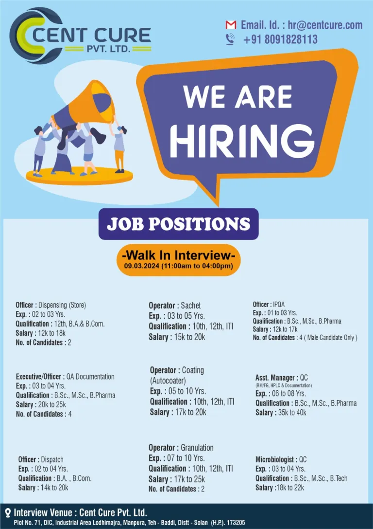 CENT CURE Pvt. Ltd - Walk-In Interviews for Multiple Departments on 9th Mar 2024